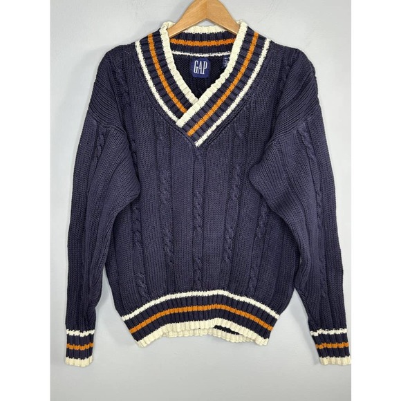 Vintage 90s Gap Preppy V-Neck Tennis Cricket Sweater Size Medium - Picture 1 of 5